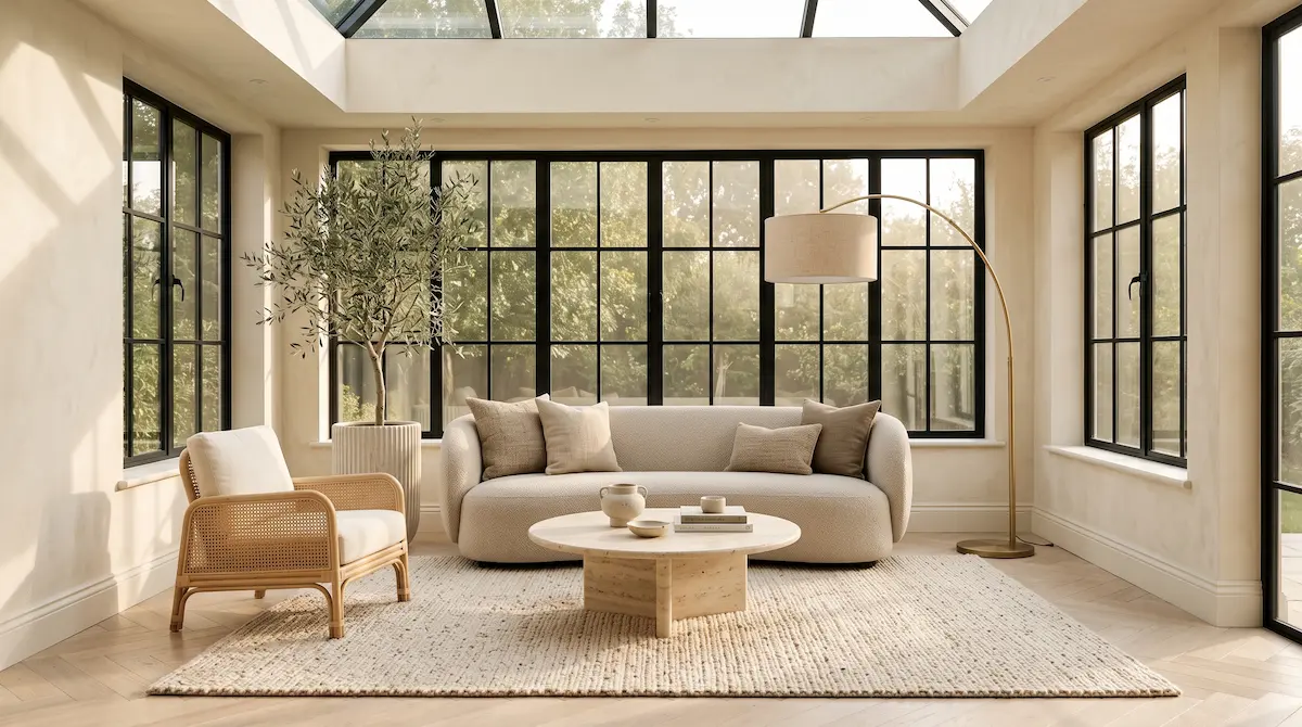 Warm Minimalist Sunroom Lounge
